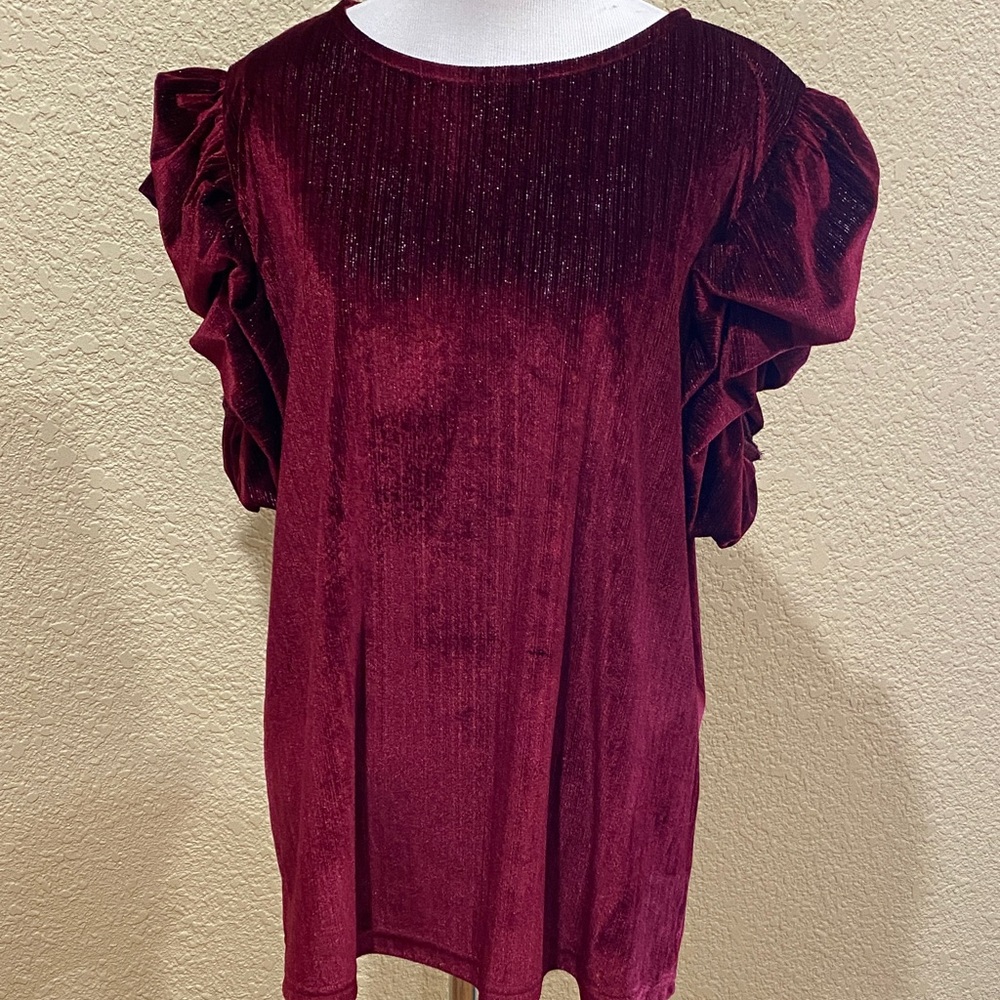 Elegant Burgundy Velvet Blouse with Ruffled Sleeves